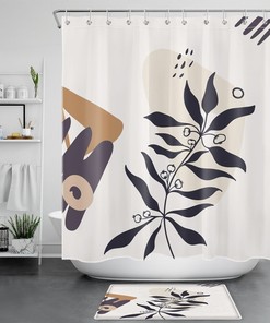 Black Leaf Plant Geometric Shower Curtain, Minimalist Bathroom Accessory with Contemporary Design