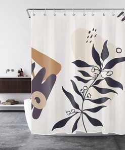 Black Leaf Plant Geometric Shower Curtain, Minimalist Bathroom Accessory with Contemporary Design