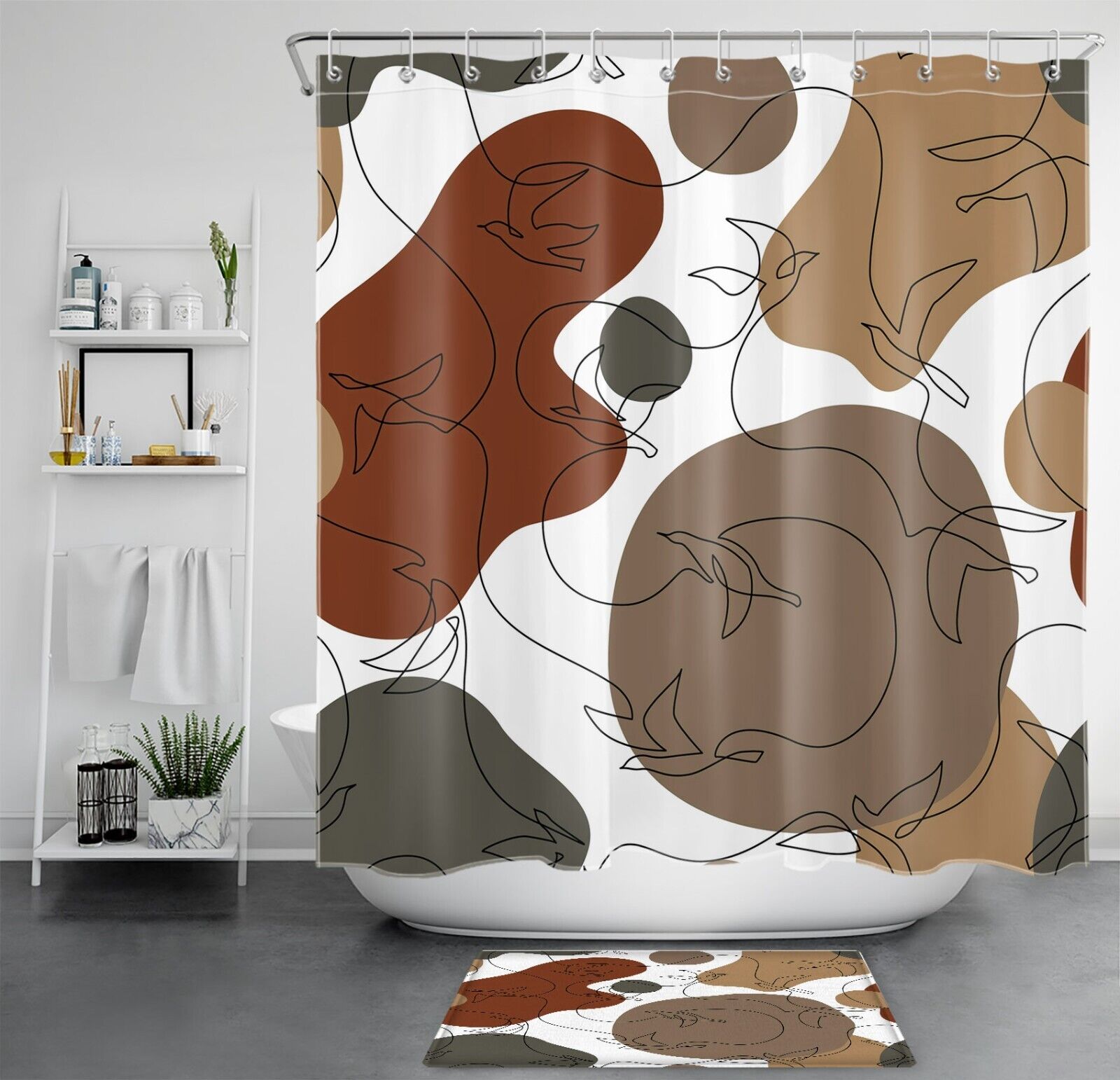Black Line Bird Abstract Art Shower Curtain, Geometric Bathroom Decor