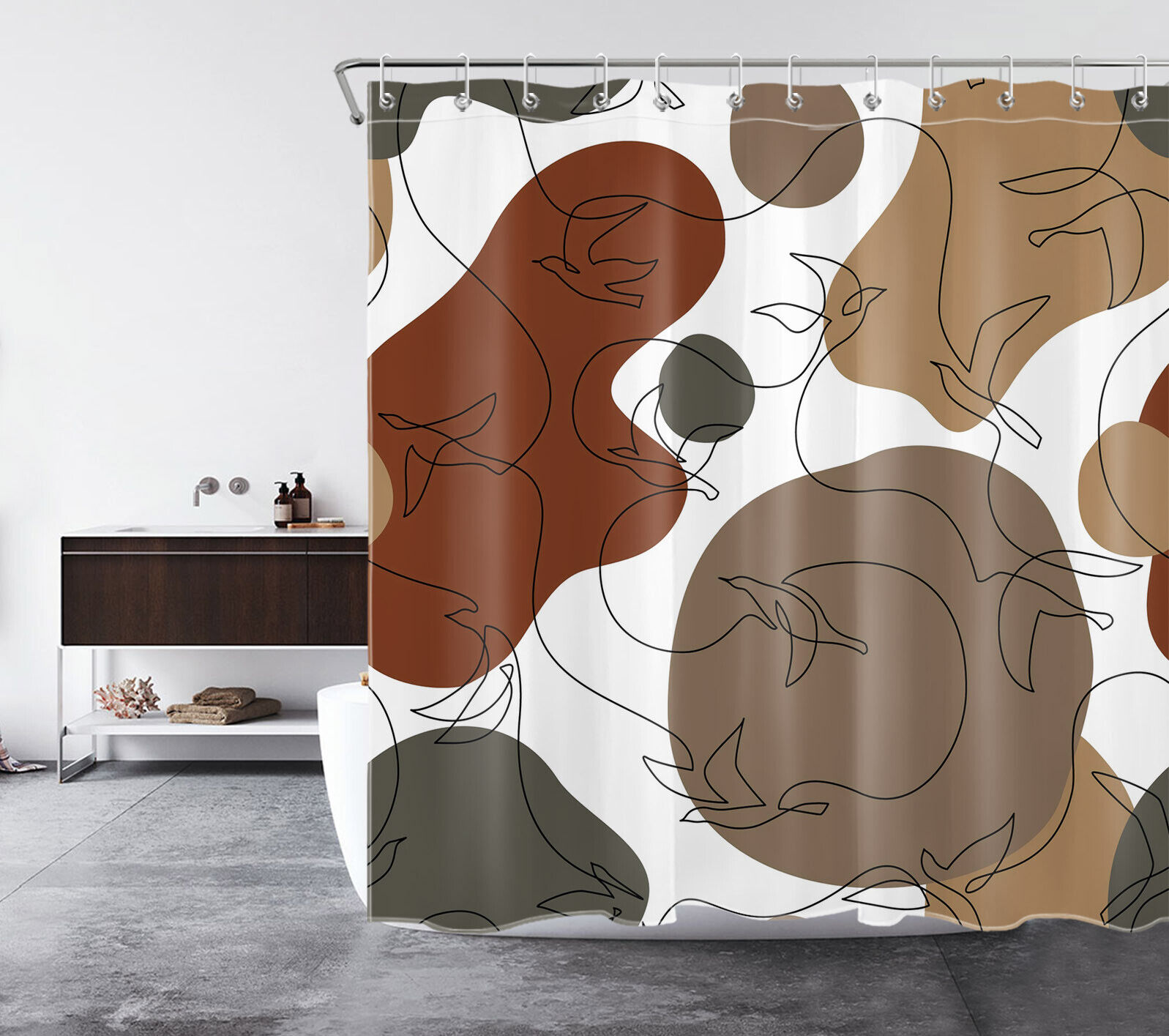 Black Line Bird Abstract Art Shower Curtain, Geometric Bathroom Decor