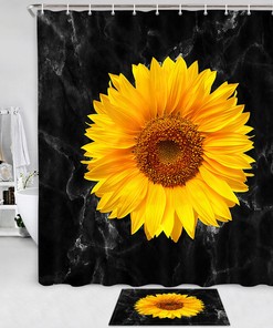 Black Marble Sunflower Shower Curtain, Elegant Bathroom Decor 