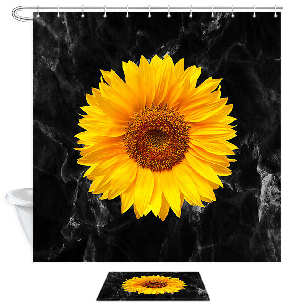 Black Marble Sunflower Shower Curtain, Elegant Bathroom Decor