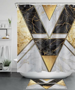 Black Marble Texture Geometric Gold Shower Curtain, Perfect For Modern Bathroom Decor