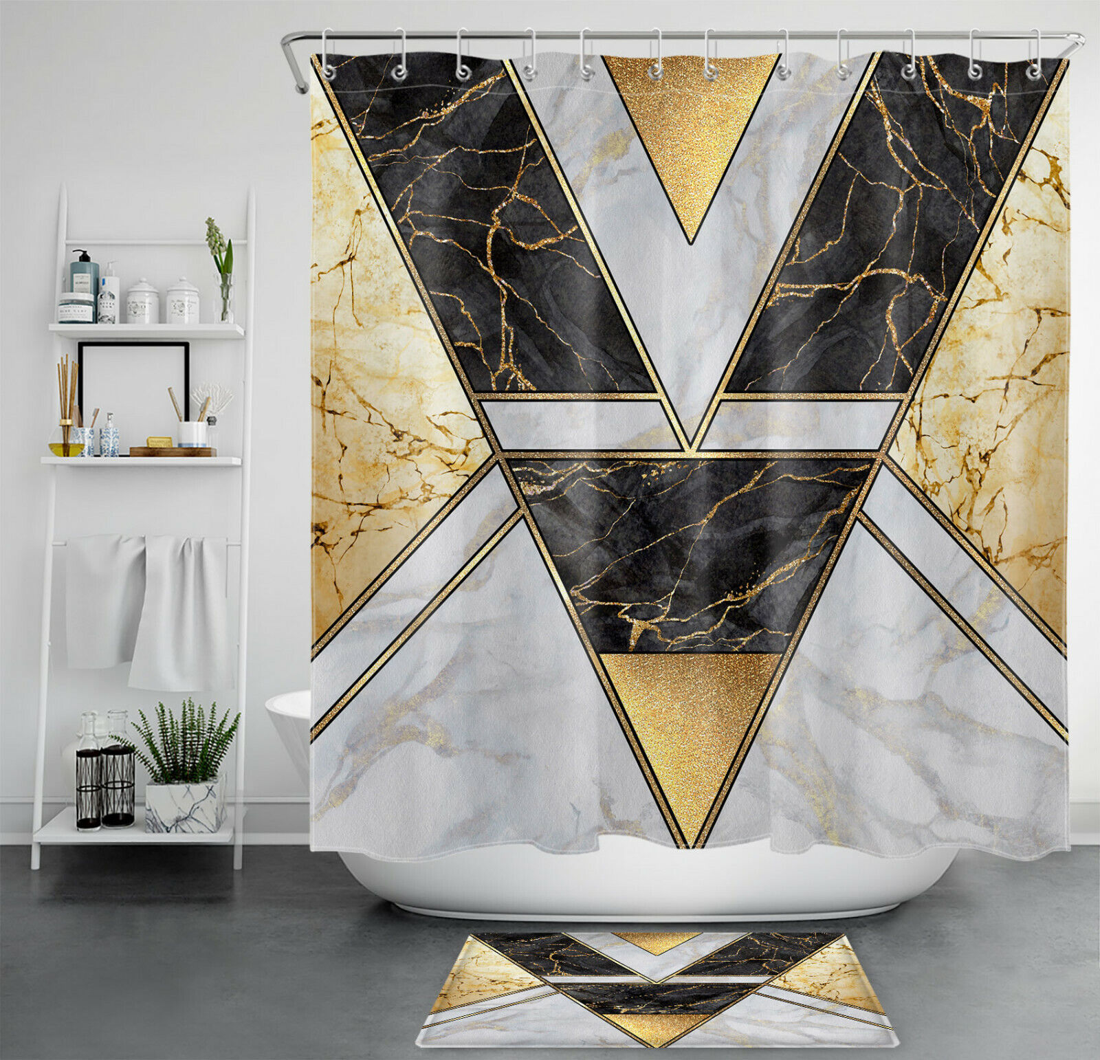 Black Marble Texture Geometric Gold Shower Curtain, Perfect For Modern Bathroom Decor