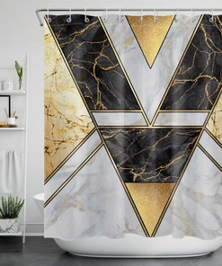 Black Marble Texture Geometric Gold Shower Curtain, Perfect For Modern Bathroom Decor
