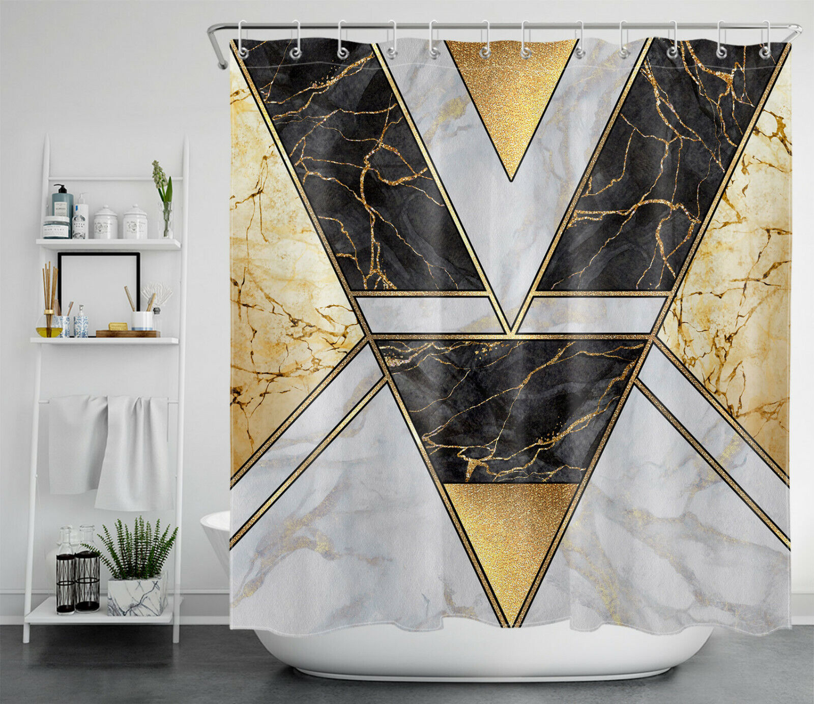 Black Marble Texture Geometric Gold Shower Curtain, Perfect For Modern Bathroom Decor