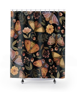 Black Moth and Botanical Watercolor Print Shower Curtain for Gothic Bathroom Decor