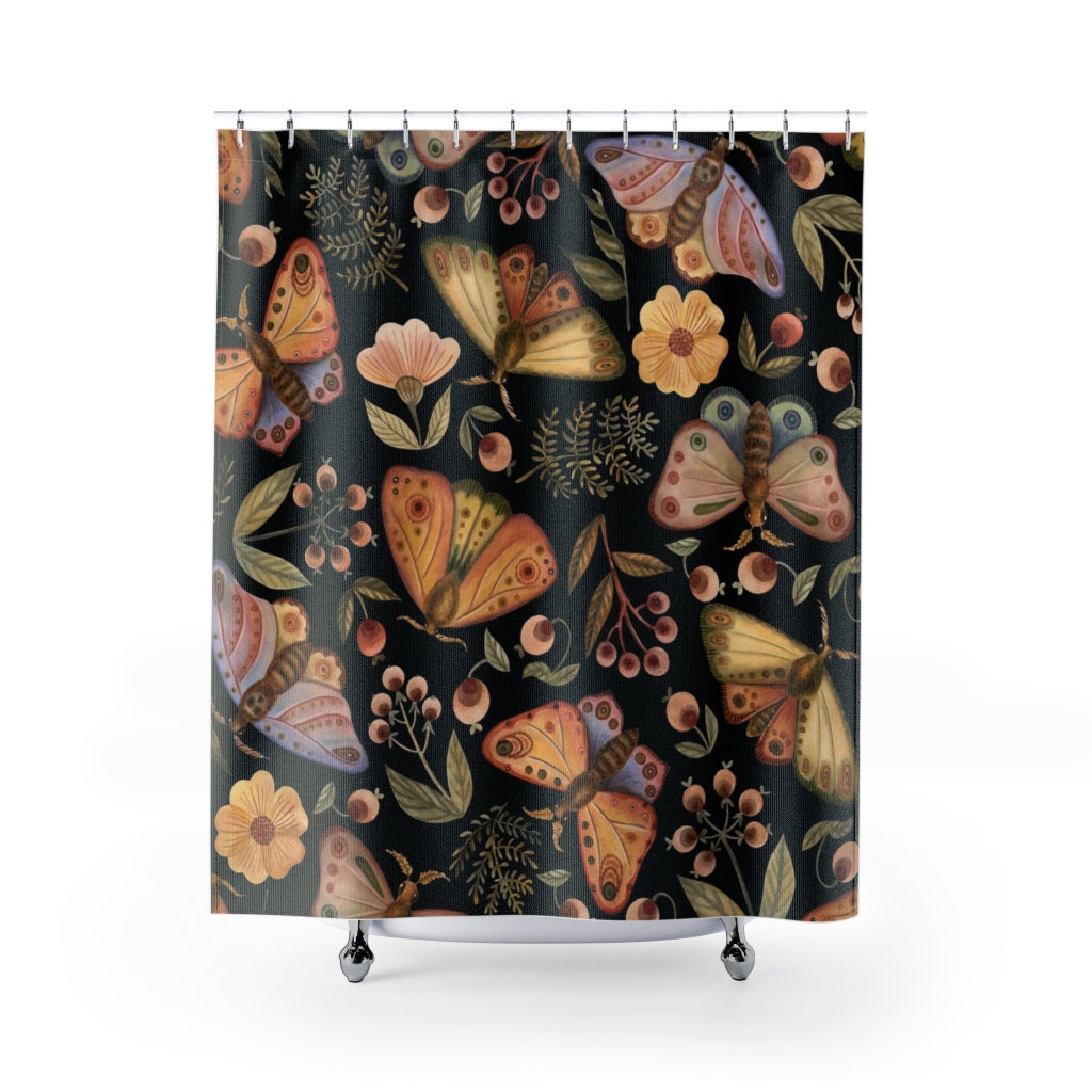 Black Moth and Botanical Watercolor Print Shower Curtain for Gothic Bathroom Decor
