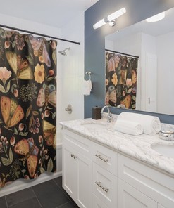 Black Moth and Botanical Watercolor Print Shower Curtain for Gothic Bathroom Decor