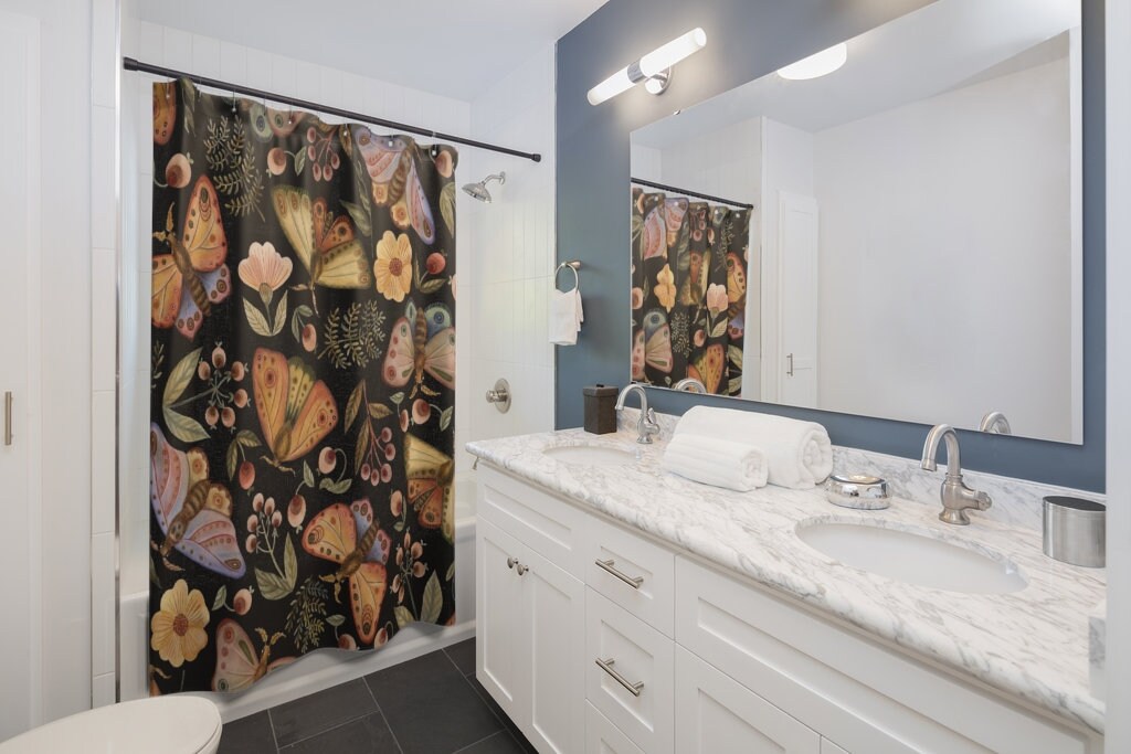 Black Moth and Botanical Watercolor Print Shower Curtain for Gothic Bathroom Decor