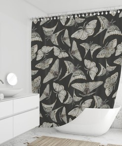 Black Moths And Watercolor Art Shower Curtain With Gothic And Witchcraft Print 