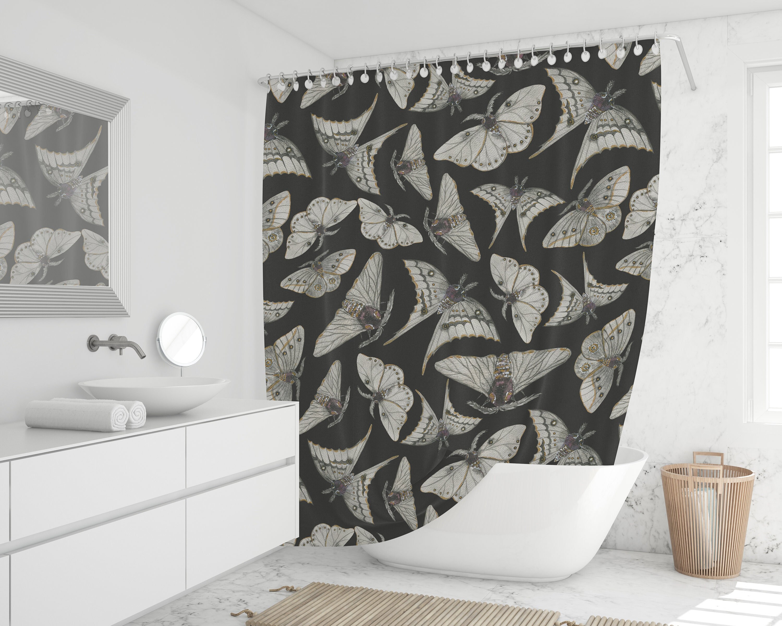 Black Moths And Watercolor Art Shower Curtain With Gothic And Witchcraft Print