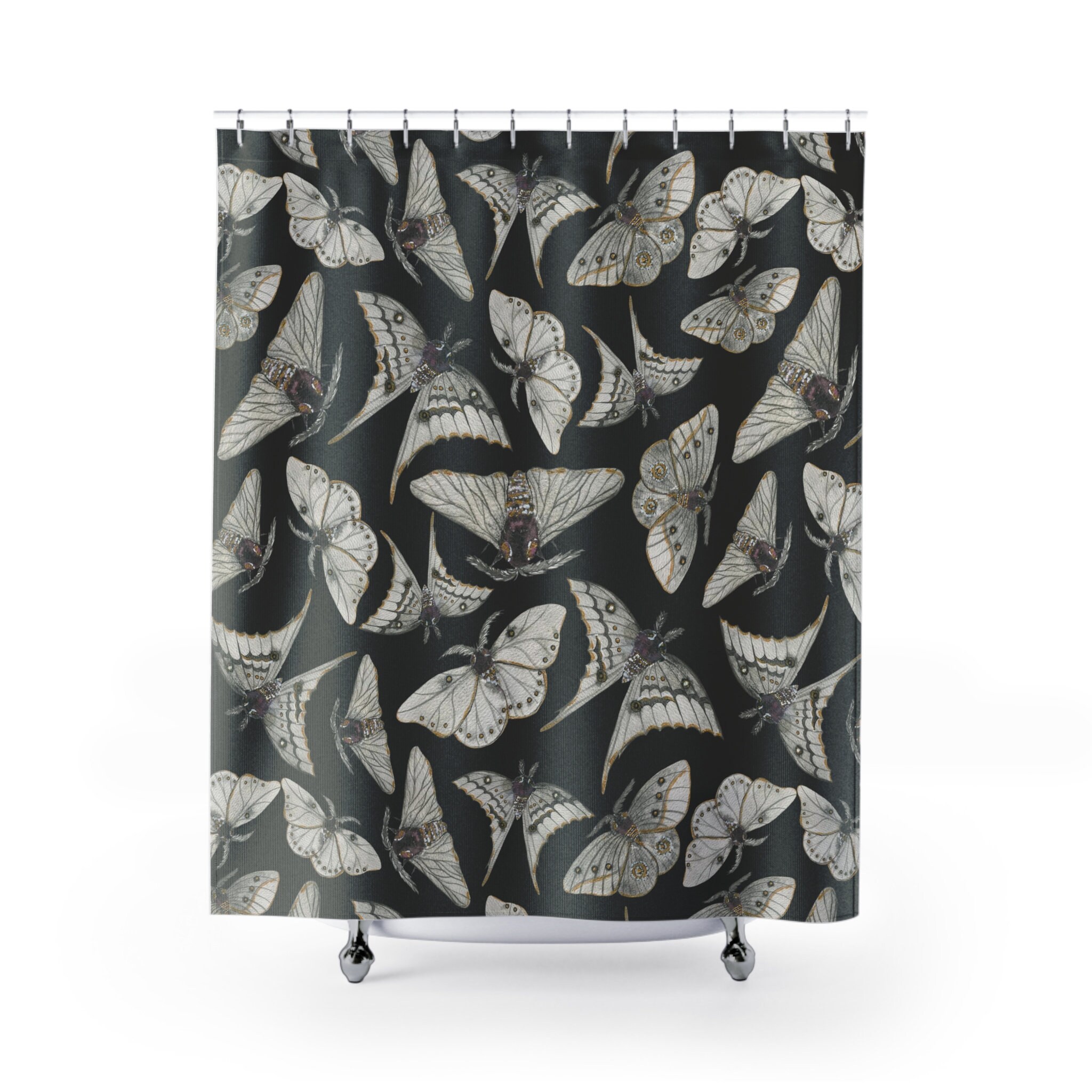 Black Moths And Watercolor Art Shower Curtain With Gothic And Witchcraft Print