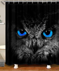 Black Owl Print Shower Curtain With Blue Eyes For Animal Lover Bathroom Decor