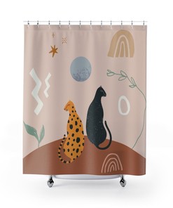 Black Panther and Leopard Print Shower Curtain with Cosmic Landscape Scene for Bathroom Decor