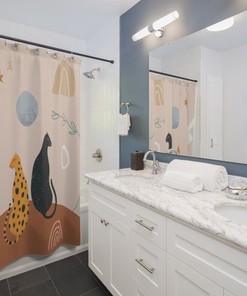 Black Panther and Leopard Print Shower Curtain with Cosmic Landscape Scene for Bathroom Decor