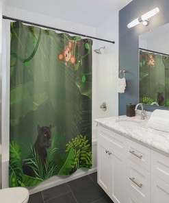 Black Panther and Monkey Jungle Shower Curtain for Adventurous Bathroom Decor, 72x72 - Travel Shower Curtain