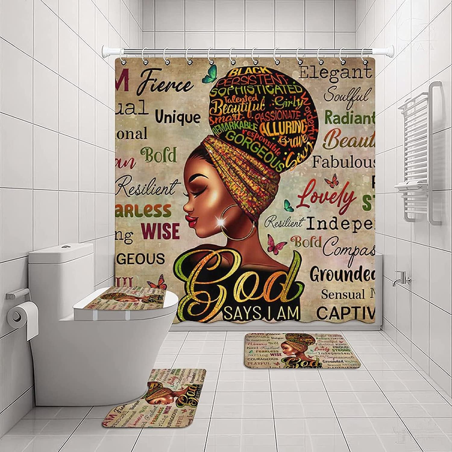 Black Queen Afro Girl Shower Curtain - Inspirational Bathroom Decor With Empowering Quote - Image 2