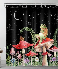 Black Shower Curtain Bathroom Accessories Set with Purple Flower Red Mushroom Print