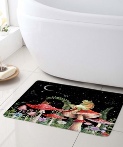 Black Shower Curtain Bathroom Accessories Set with Purple Flower Red Mushroom Print