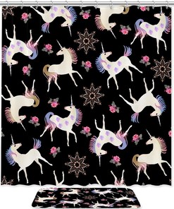 Black Shower Curtain With Fairy Unicorns Design - Perfect To Add Some Fun To Your Bathroom