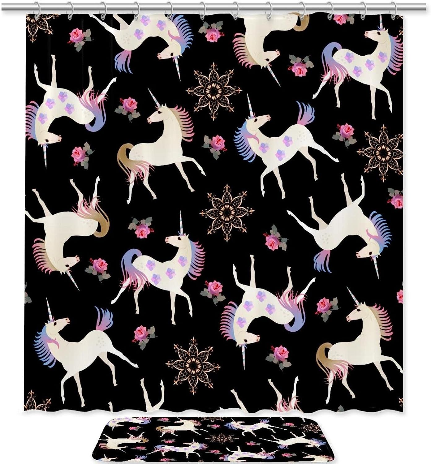 Black Shower Curtain With Fairy Unicorns Design - Perfect To Add Some Fun To Your Bathroom