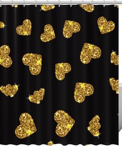 Black Shower Curtain With Gold Glittering Heart Pattern For Romantic Bathroom Decor
