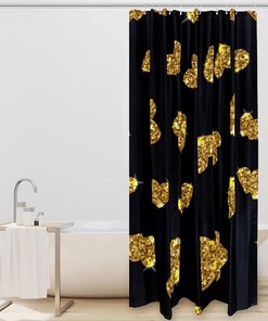 Black Shower Curtain With Gold Glittering Heart Pattern For Romantic Bathroom Decor