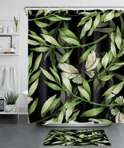Black Shower Curtain With Green Leaf And Butterfly Print - A Chic And Sophisticated Addition To Your Bathroom