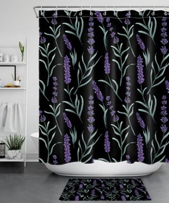 Black Shower Curtain With Green Leaf Lavender Print - A Chic And Sophisticated Addition To Your Bathroom