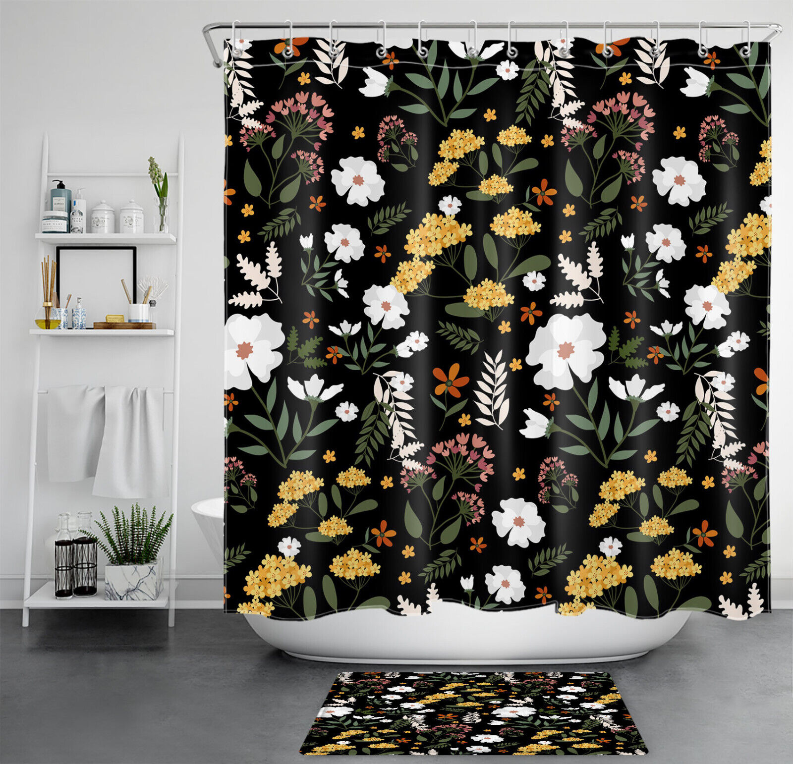 Black Shower Curtain with Green Leaf Botanical Yellow Flower Blossom, Add a Touch of Nature to your Bathroom