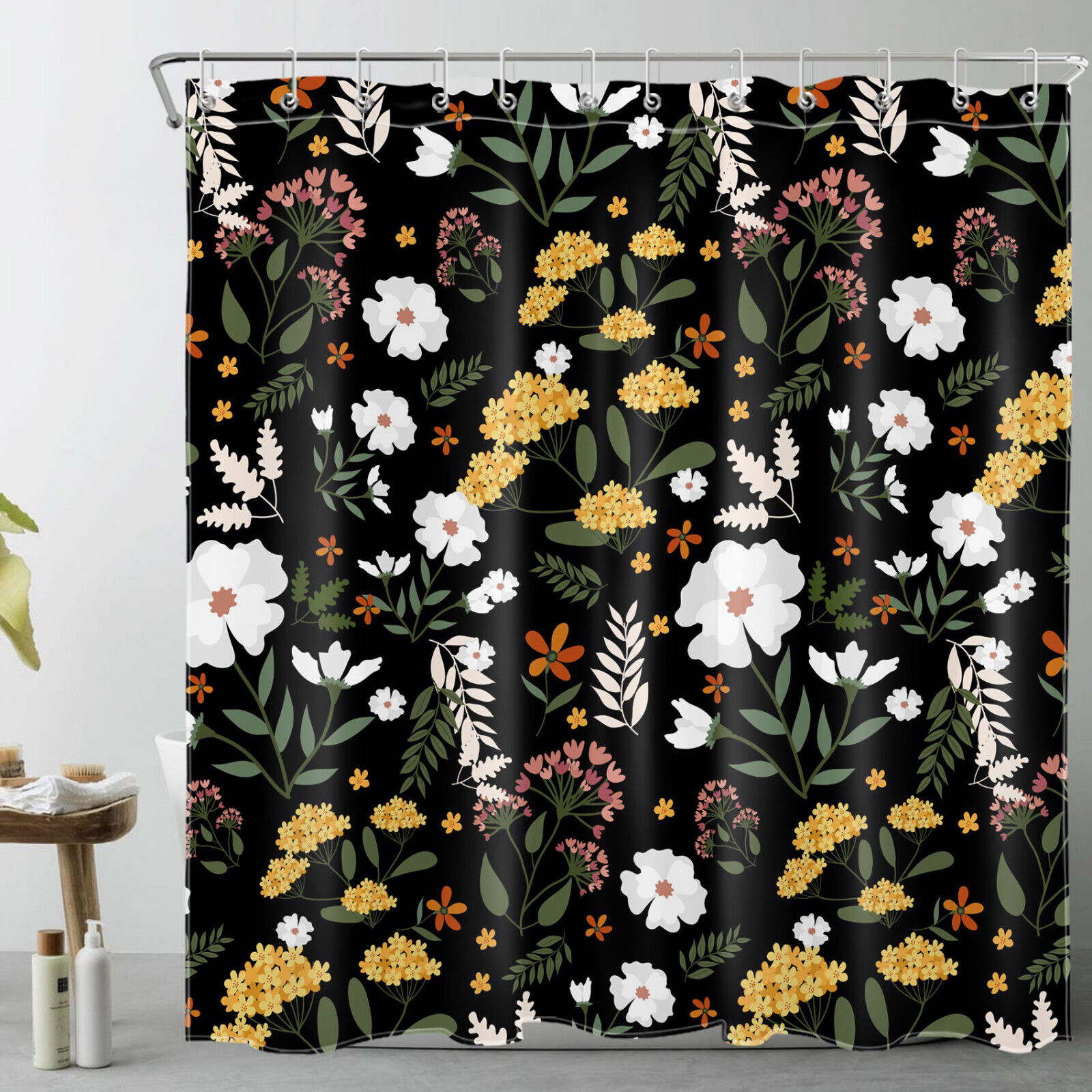 Black Shower Curtain with Green Leaf Botanical Yellow Flower Blossom, Add a Touch of Nature to your Bathroom