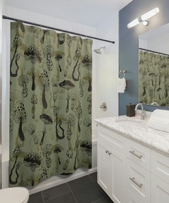 Black Shower Curtain with Magic Mushrooms Design - For Those Who Embrace Nature and the Mystic. 