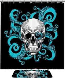 Black Skull With Octopus Print Shower Curtain For Bathroom Tub Set