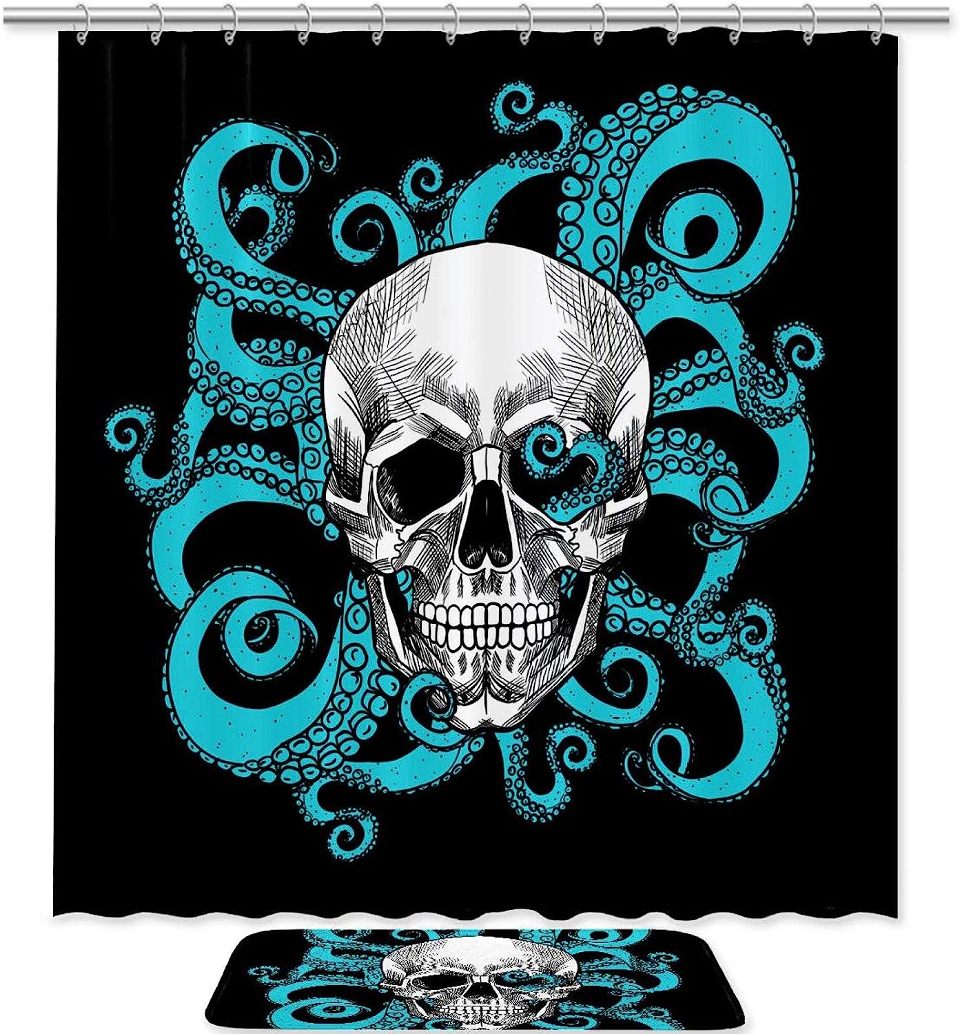 Black Skull With Octopus Print Shower Curtain For Bathroom Tub Set