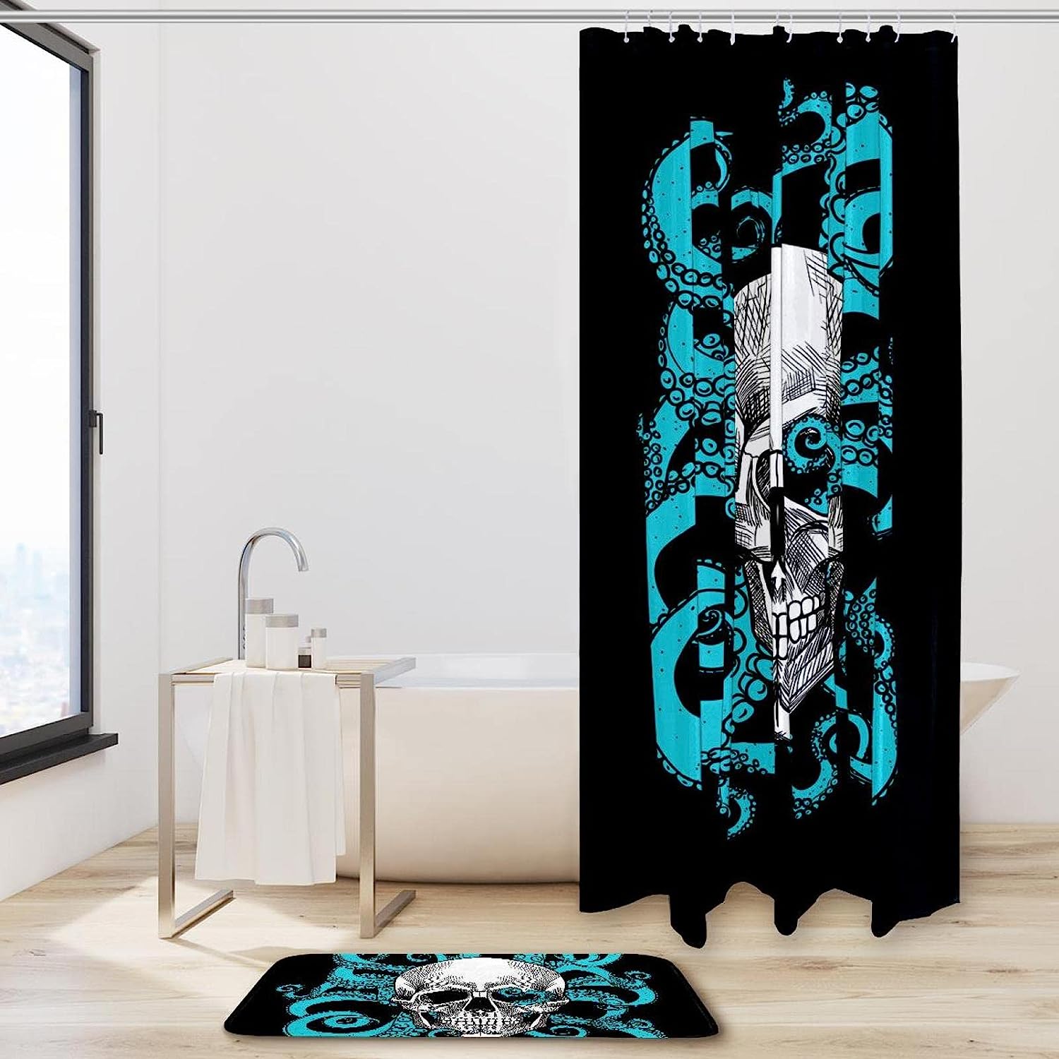 Black Skull With Octopus Print Shower Curtain For Bathroom Tub Set - Image 2
