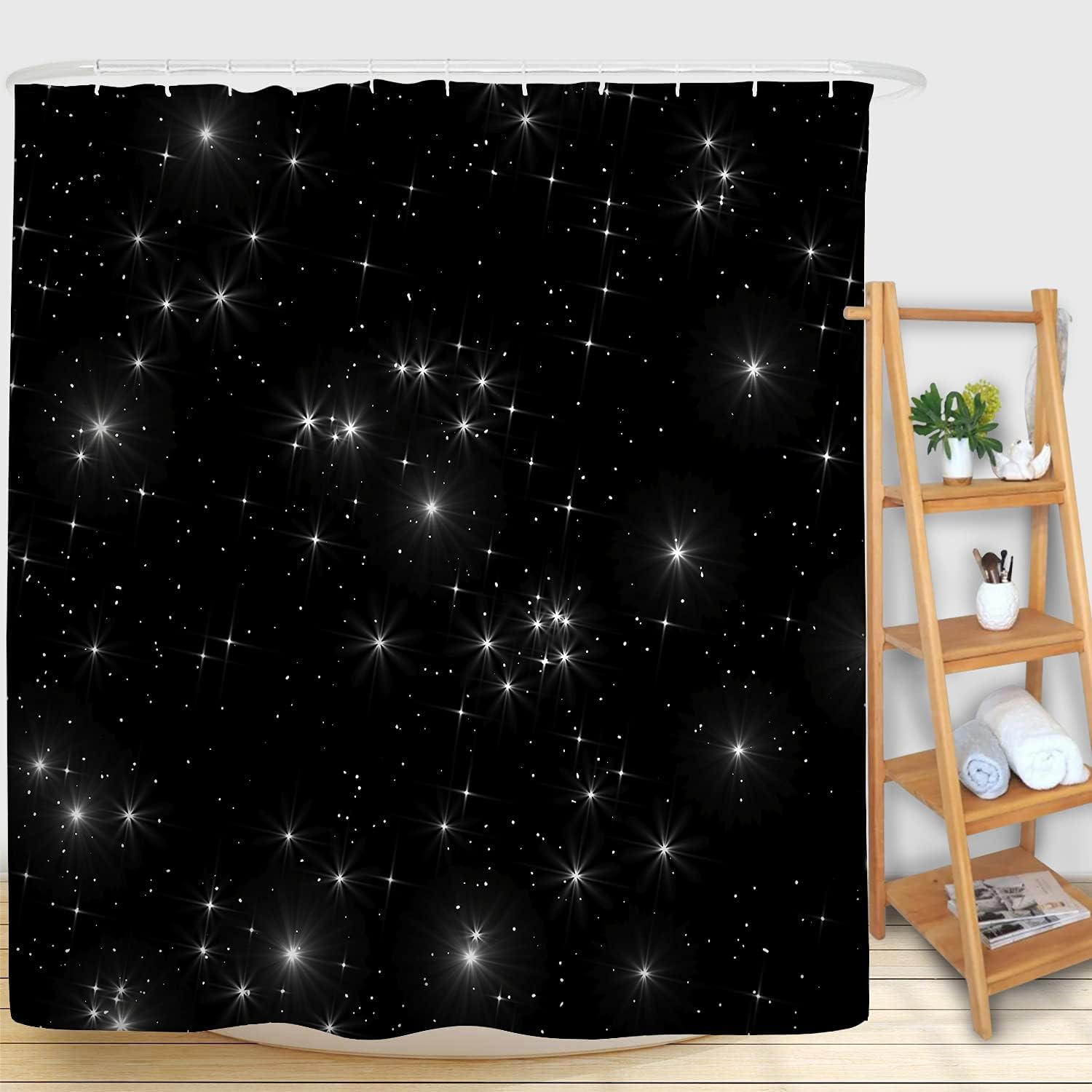 Black Starry Sky Shower Curtain for Out Space Bathroom Decor