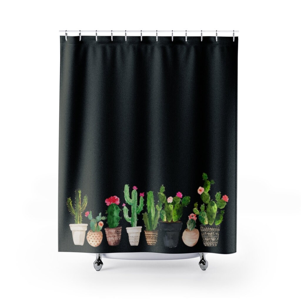 Black Succulent Shower Curtain, Modern Bathroom Decor with AI Art Print
