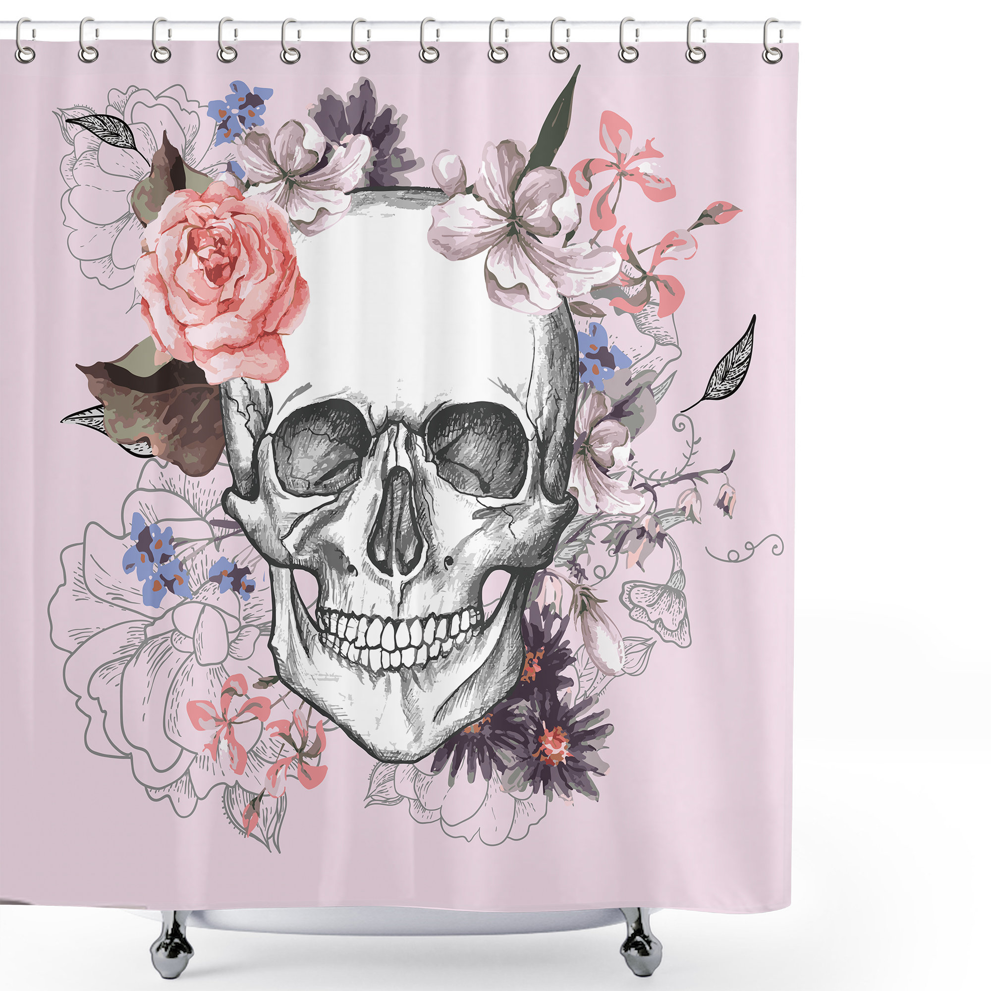 Black Sugar Skull Flowers Shower Curtain for a Dark Romantic Vibe