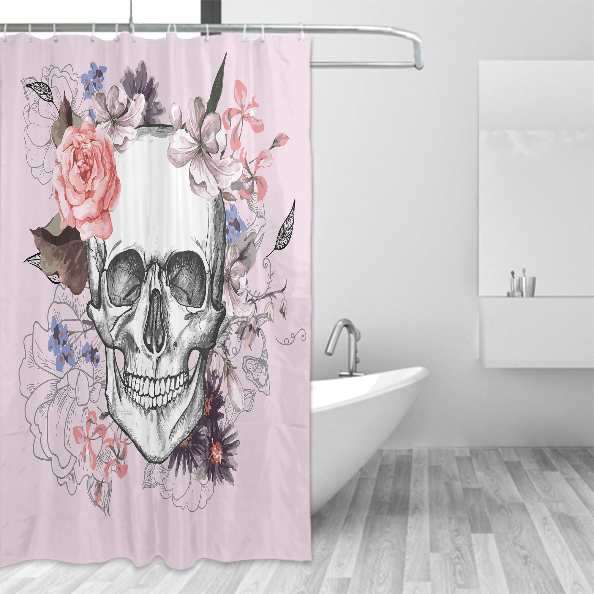 Black Sugar Skull Flowers Shower Curtain for a Dark Romantic Vibe