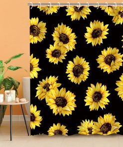 Black Sunflower Floral Bathroom Shower Curtain