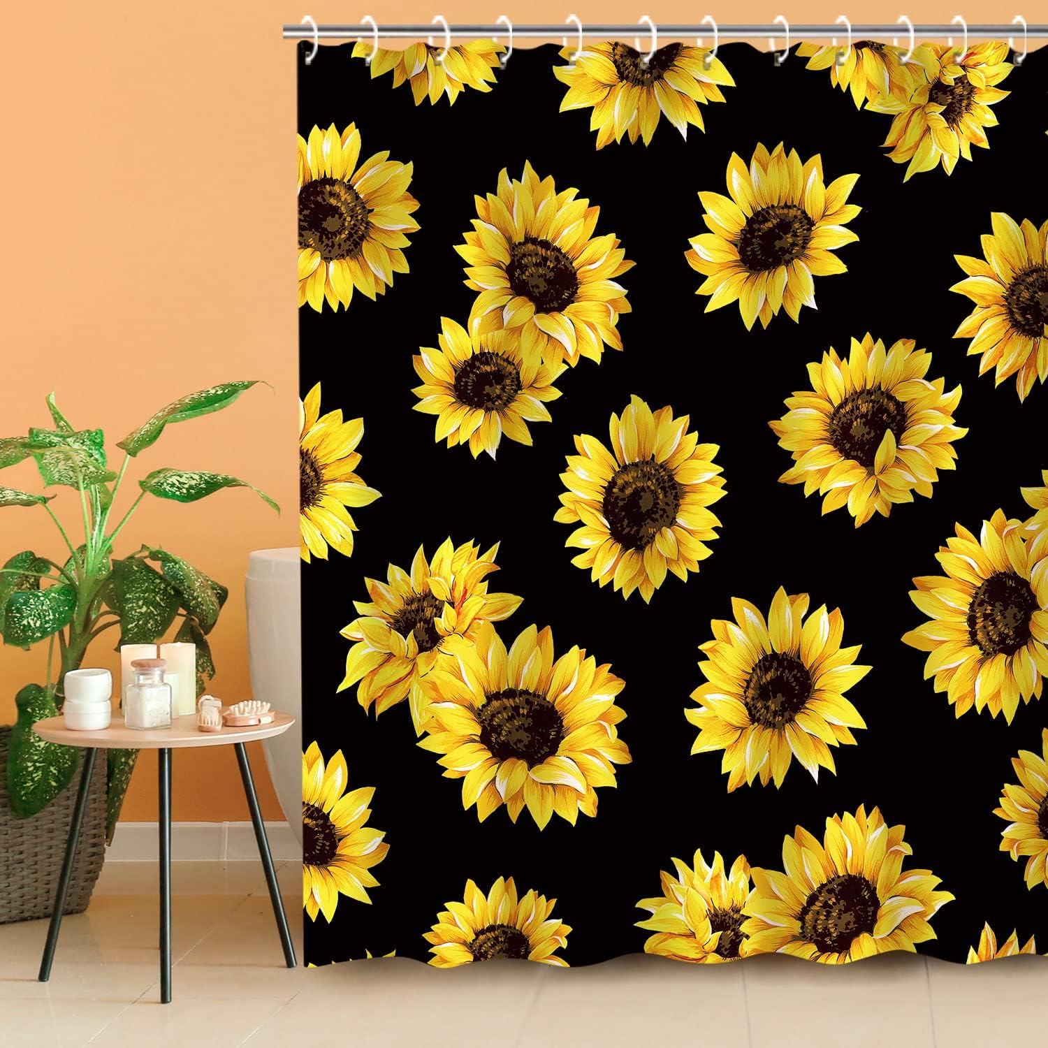 Black Sunflower Floral Bathroom Shower Curtain