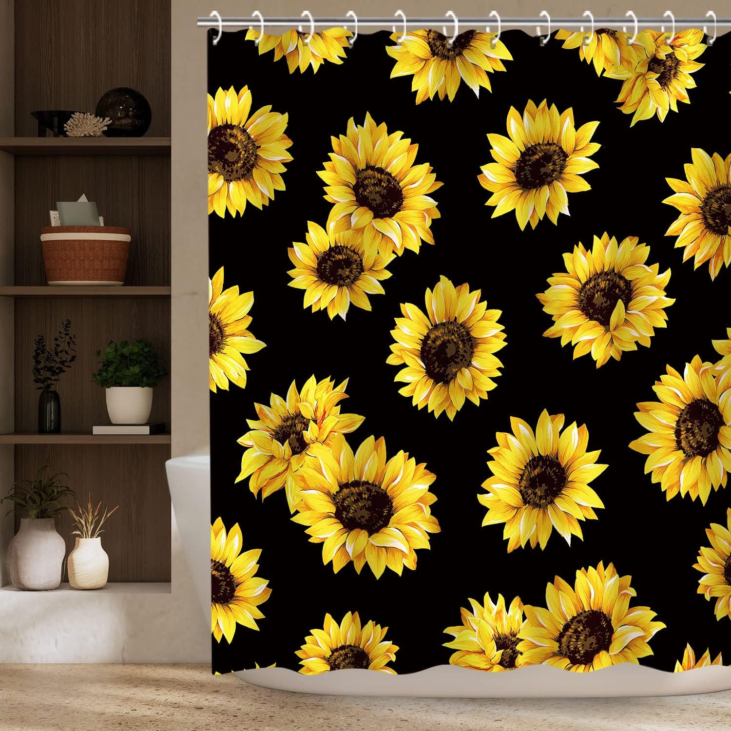 Black Sunflower Floral Bathroom Shower Curtain