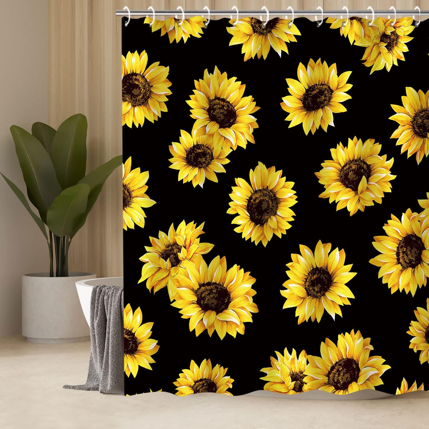 Black Sunflower Floral Bathroom Shower Curtain
