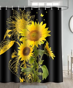 Black Sunflower Shower Curtain, Fantasy Plant Flower Bathroom Decor