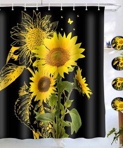 Black Sunflower Shower Curtain, Fantasy Plant Flower Bathroom Decor