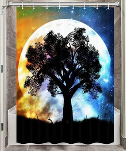 Black Tree Colorful Starry Sky Galaxy Moon Shower Curtain for Modern Bathroom Decor 