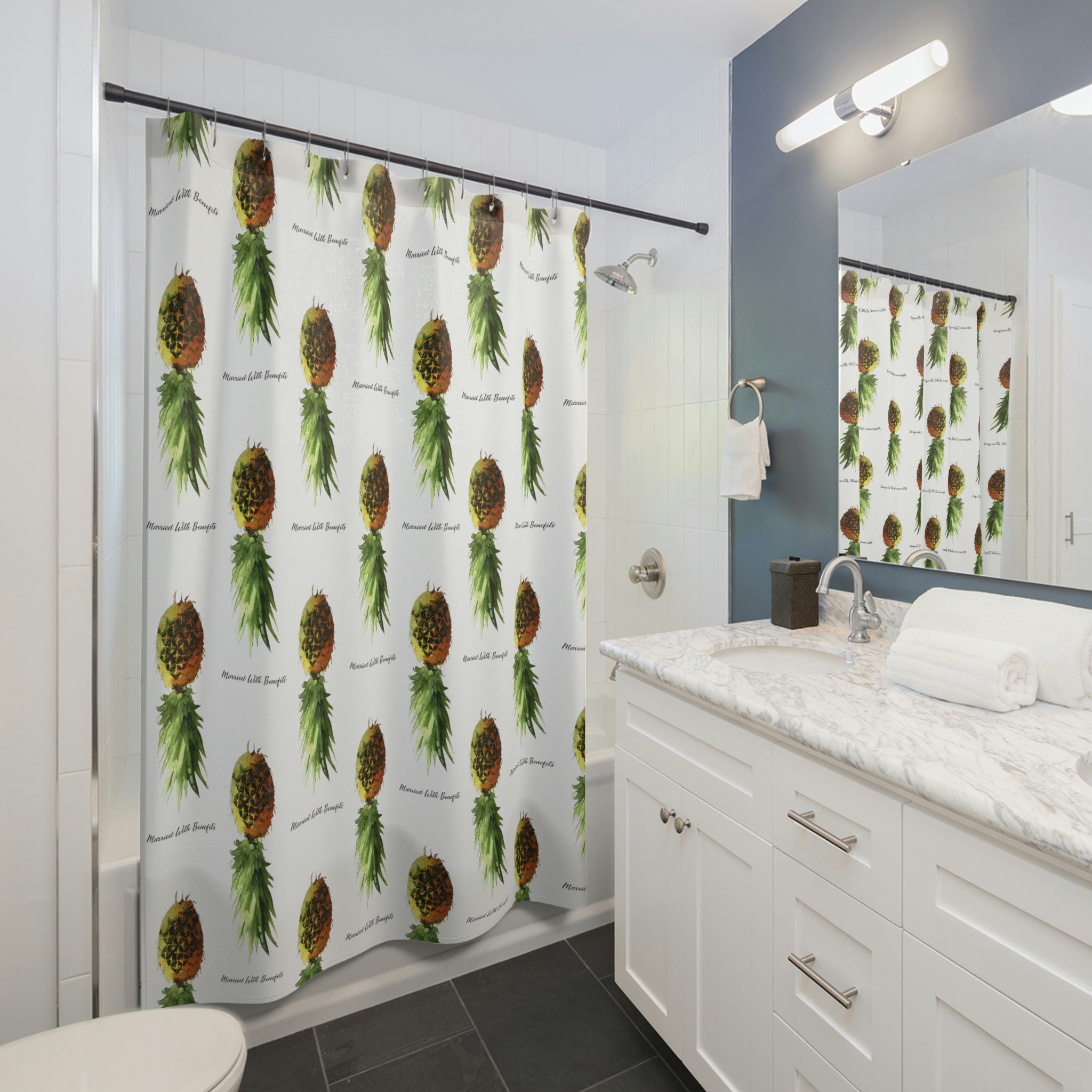 Black Upside Down Pineapple Swinger Shower Curtain for a Bold and Edgy Bathroom.