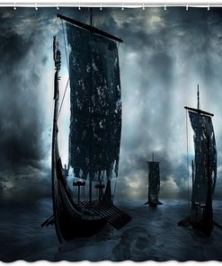 Black Vikings Dragon Ship Sailing Shower Curtain - Vintage Scandinavian Decor