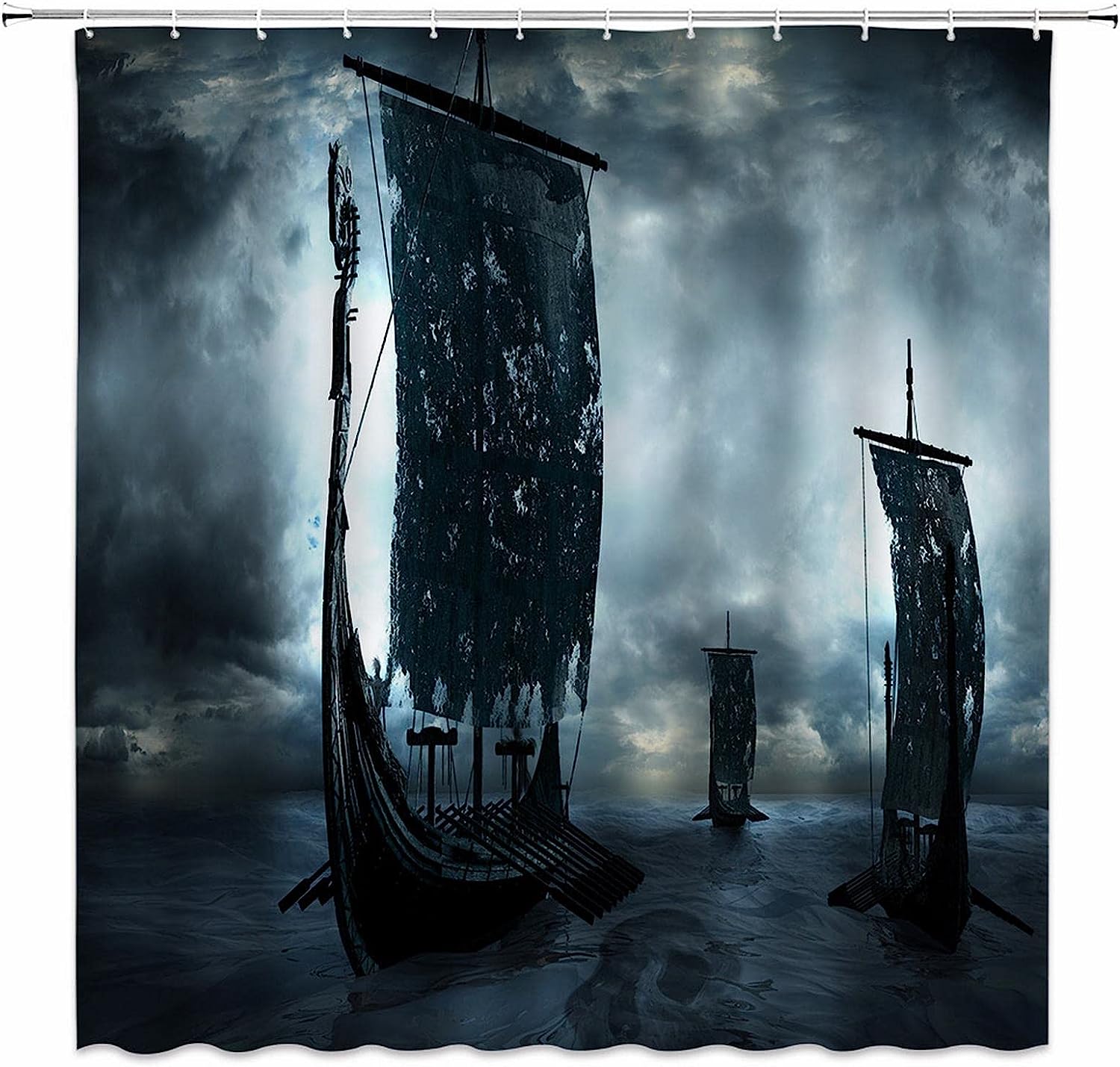 Black Vikings Dragon Ship Sailing Shower Curtain - Vintage Scandinavian Decor